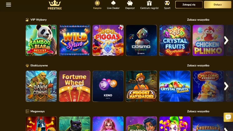 Prestige Casino screenshot luksusowego interfejsu